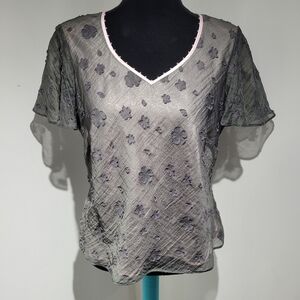 Jacques Vert Women's Floral Sheer Silk-Look Short Sleeve Blouse 10 Grey Pink